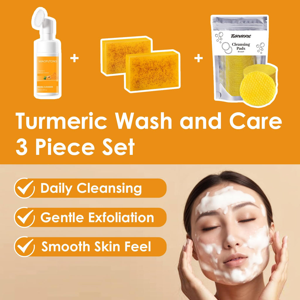 QVKZL Turmeric Wash and Care Kit – Face Wash with Brush, Exfoliating Pads, Turmeric Oil & Soap Bars