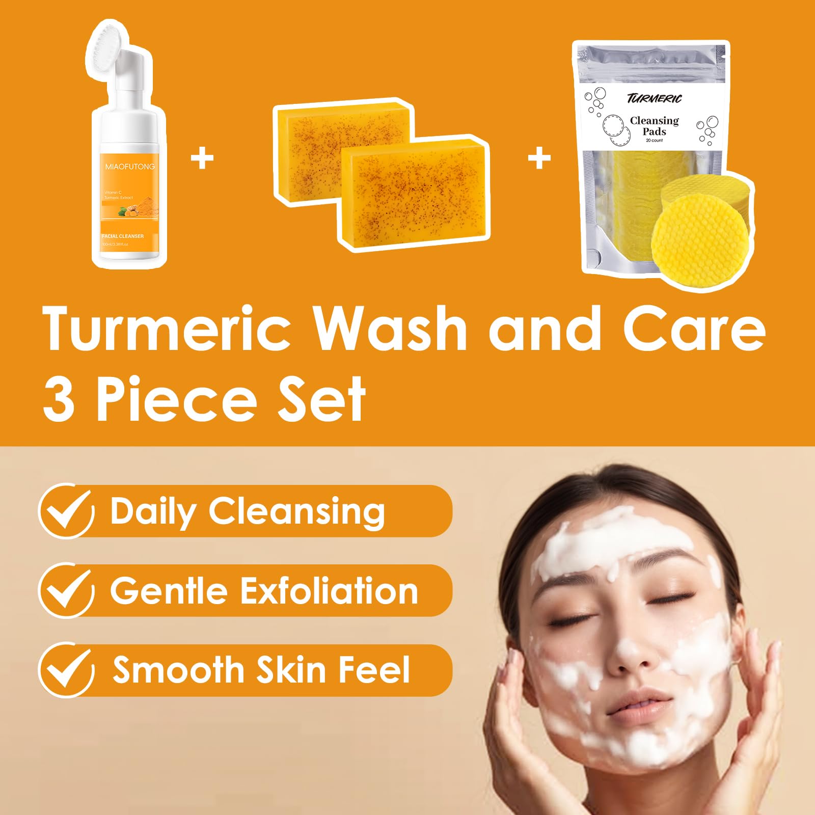 QVKZL Turmeric Wash and Care Kit – Face Wash with Brush, Exfoliating Pads, Turmeric Oil & Soap Bars