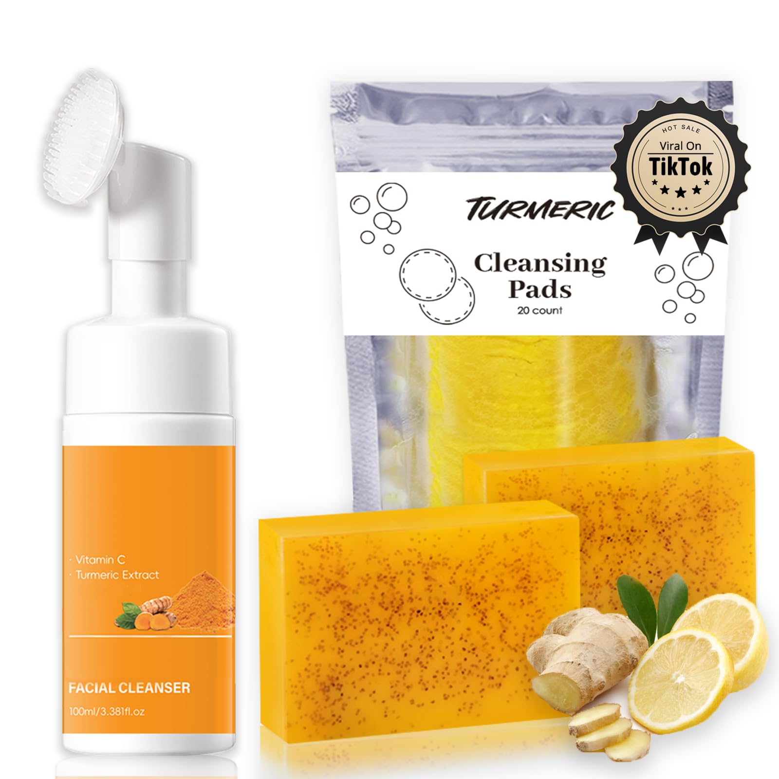 QVKZL Turmeric Wash and Care Kit – Face Wash with Brush, Exfoliating Pads, Turmeric Oil & Soap Bars