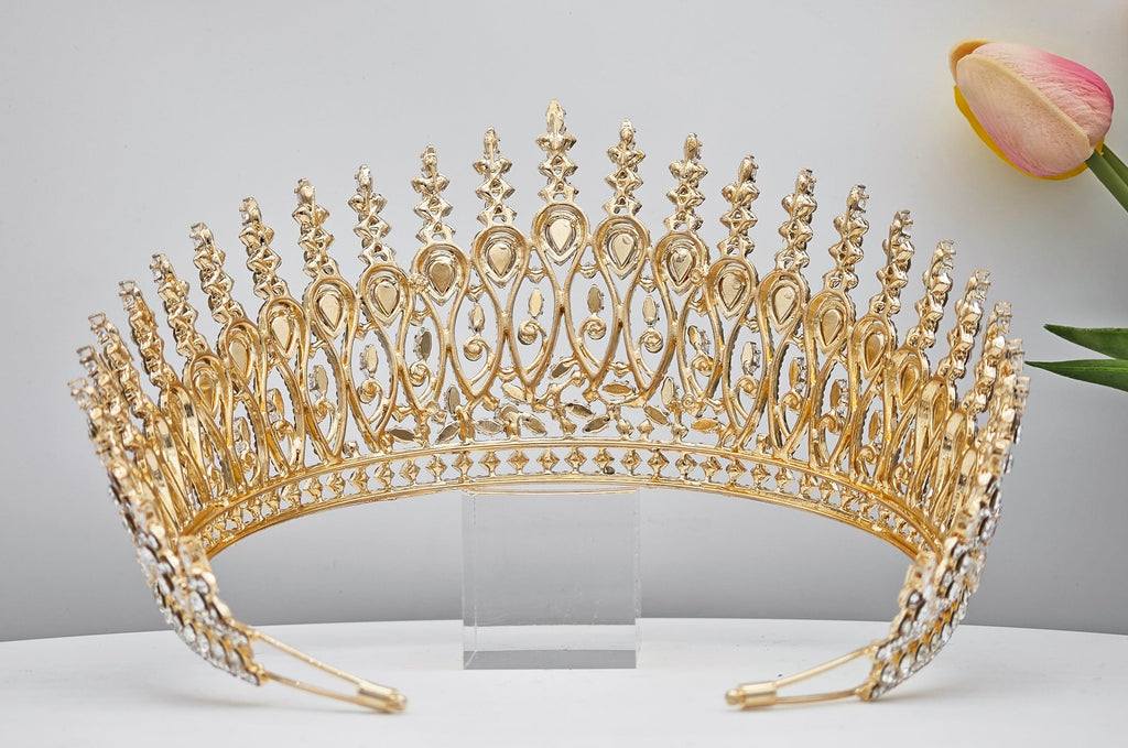 QXMYOO Zircon Crown for Women – Large Gold Tiara for Pageants, Weddings & Quinceañeras