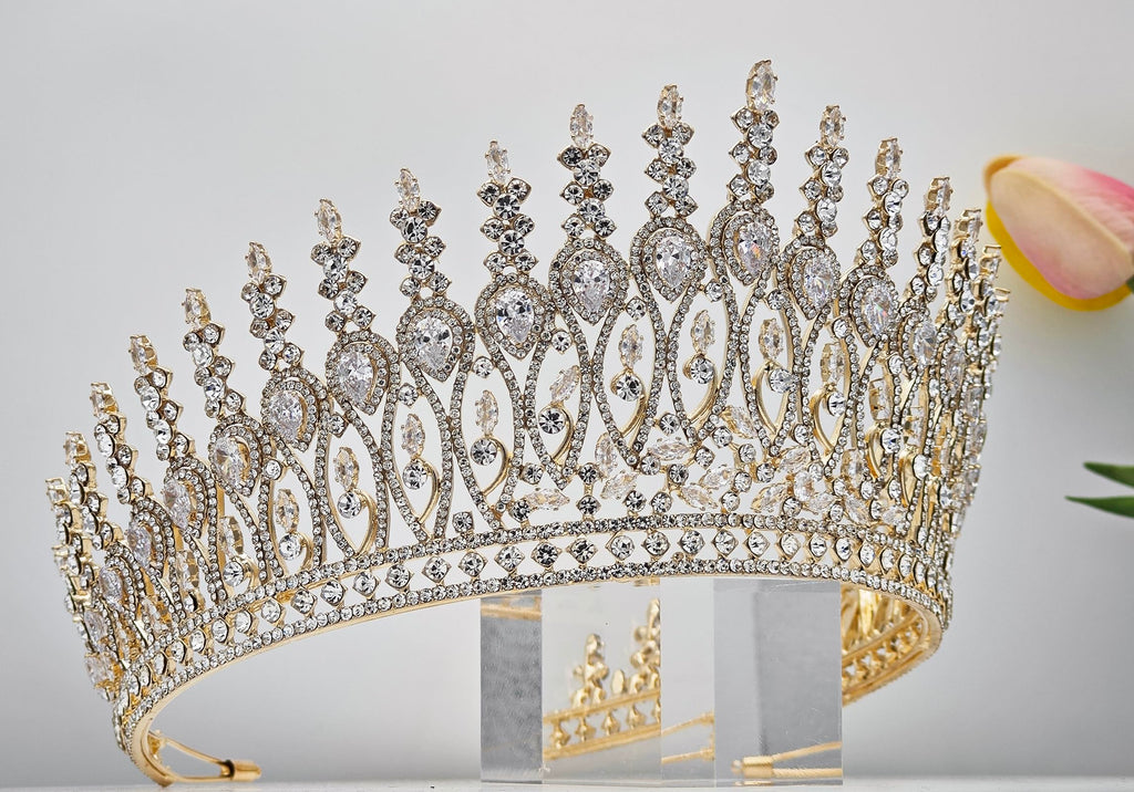 QXMYOO Zircon Crown for Women – Large Gold Tiara for Pageants, Weddings & Quinceañeras