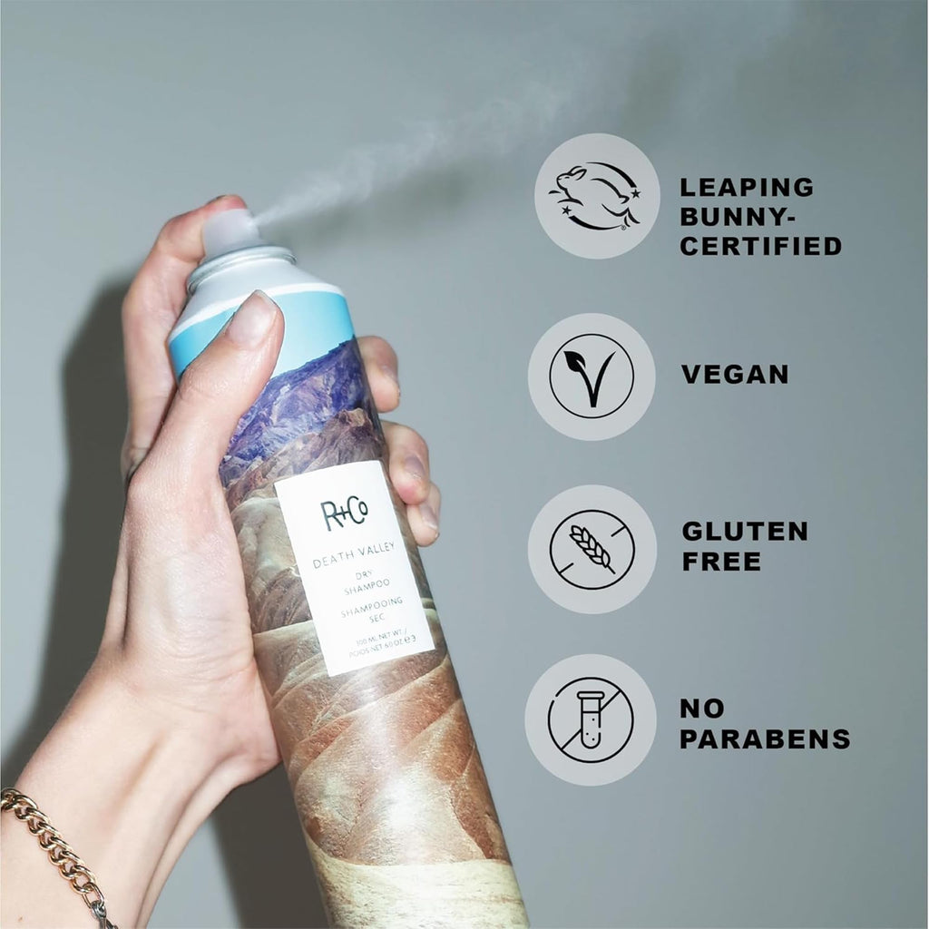 R+Co Death Valley Dry Shampoo Set — Adds Volume, Absorbs Oil & Texture | Vegan, Gluten‑Free & Paraben‑Free | 6oz + 1.6oz