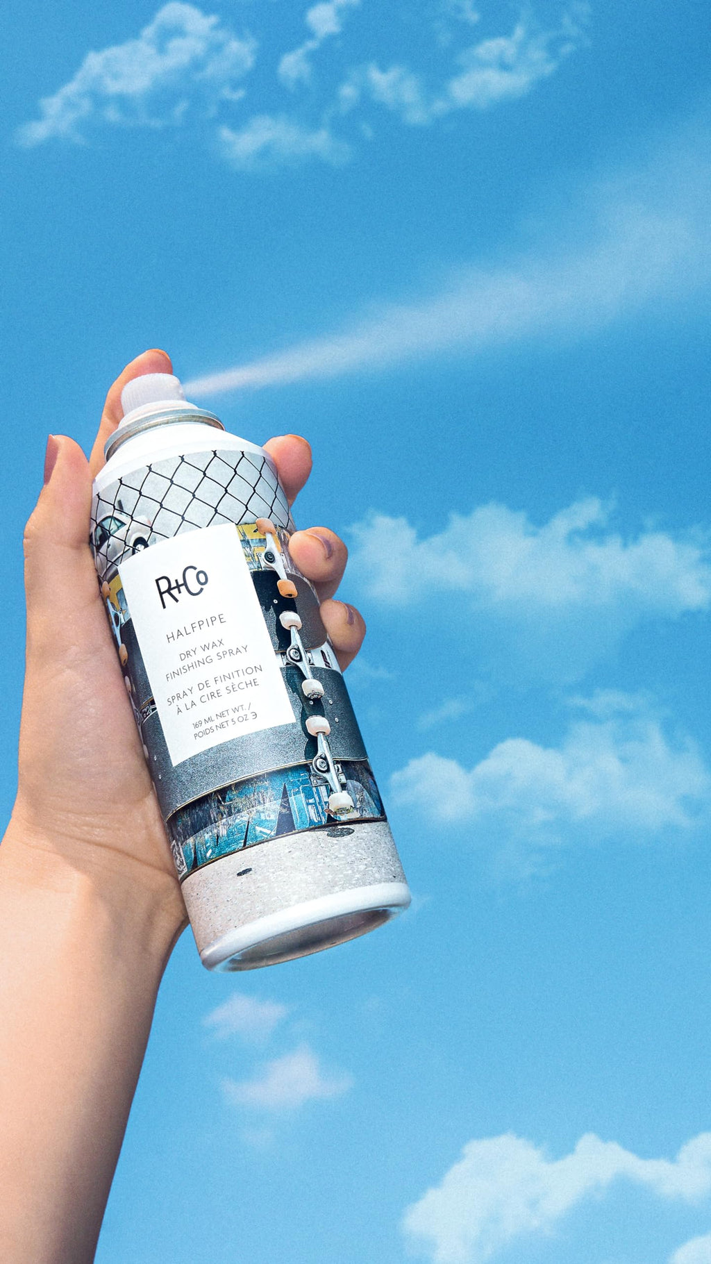 R+Co Halfpipe Dry Wax Texture Spray — Ultra-Fine Mist, Flexible Hold, and Volume