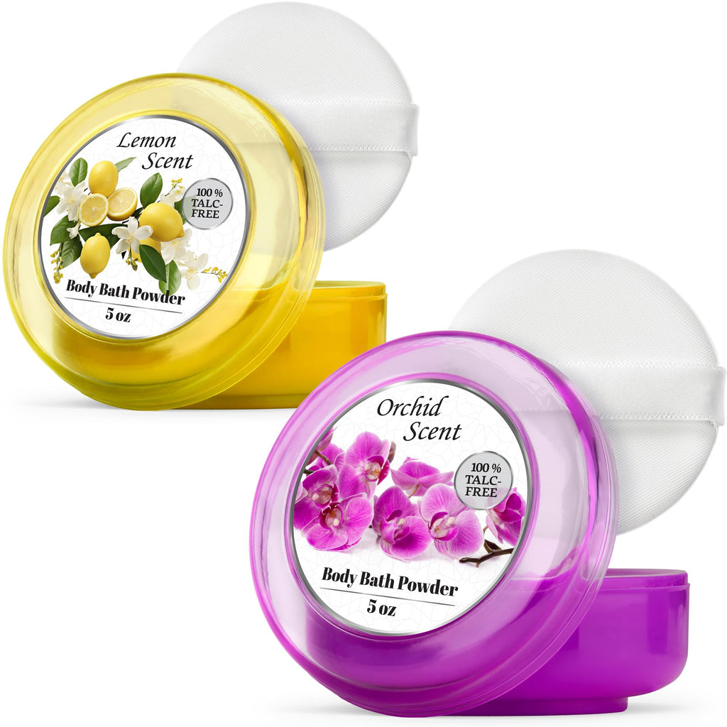 R-NEU Body Powder for Women with Puff — 100% Talc-Free, Luminous Lemon Scent, 2-Pack, 5oz Each