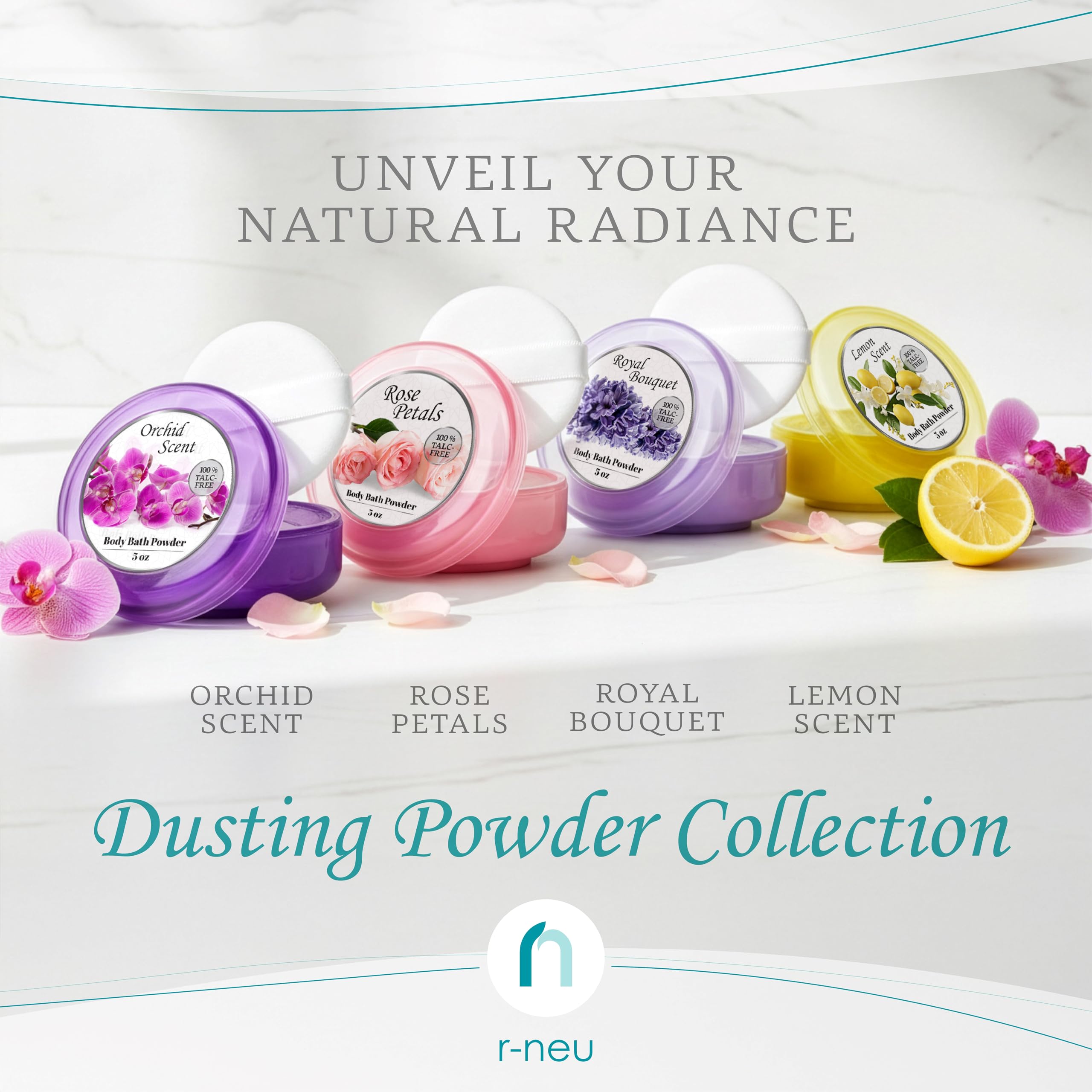 R-NEU Body Powder for Women with Puff — 100% Talc-Free, Luminous Lemon Scent, 2-Pack, 5oz Each