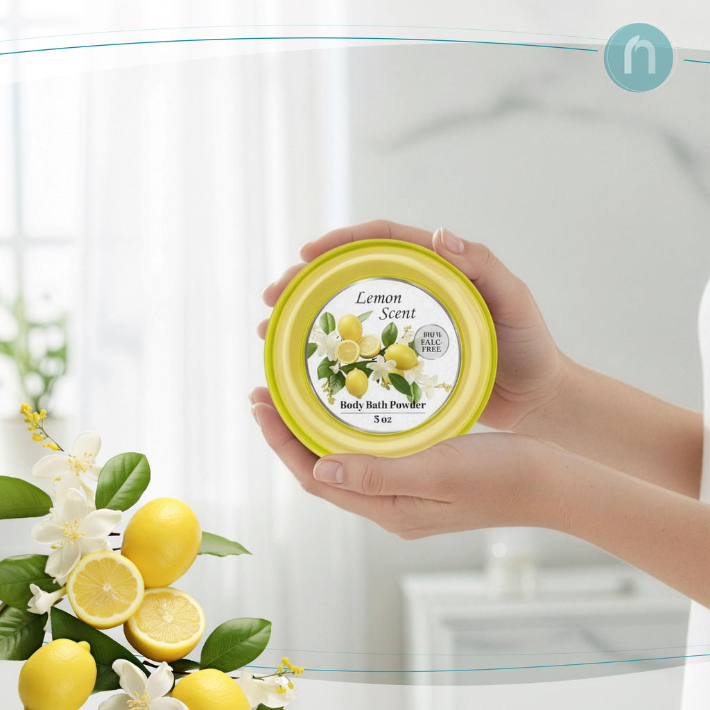 R-NEU Body Powder for Women with Puff — 100% Talc-Free, Luminous Lemon Scent, 2-Pack, 5oz Each