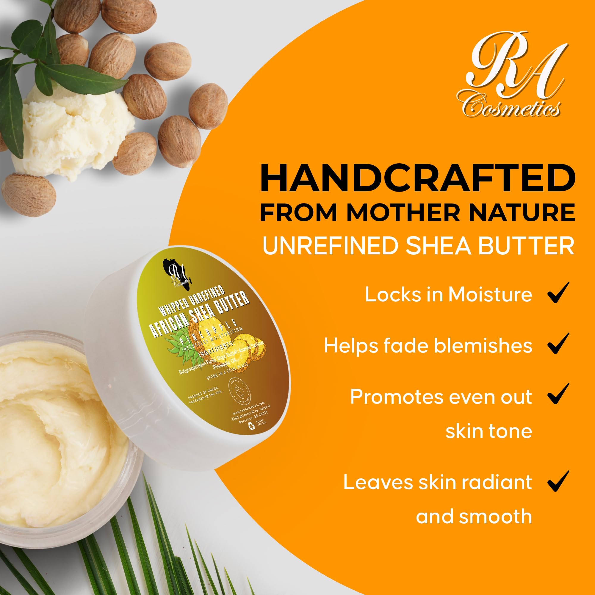 RA COSMETICS Whipped Shea Butter with Pineapple – 12oz, Unrefined Ghana Shea for Skin & Hair