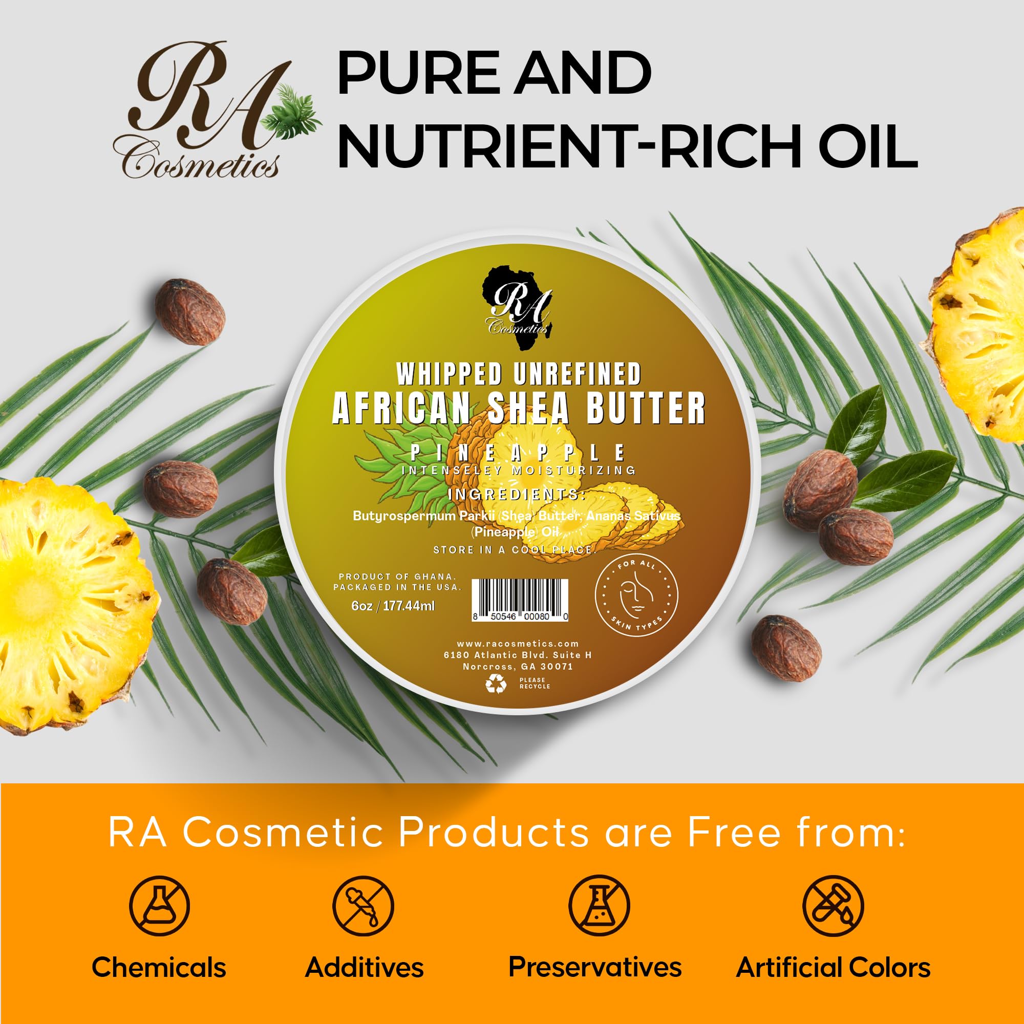 RA COSMETICS Whipped Shea Butter with Pineapple – 12oz, Unrefined Ghana Shea for Skin & Hair