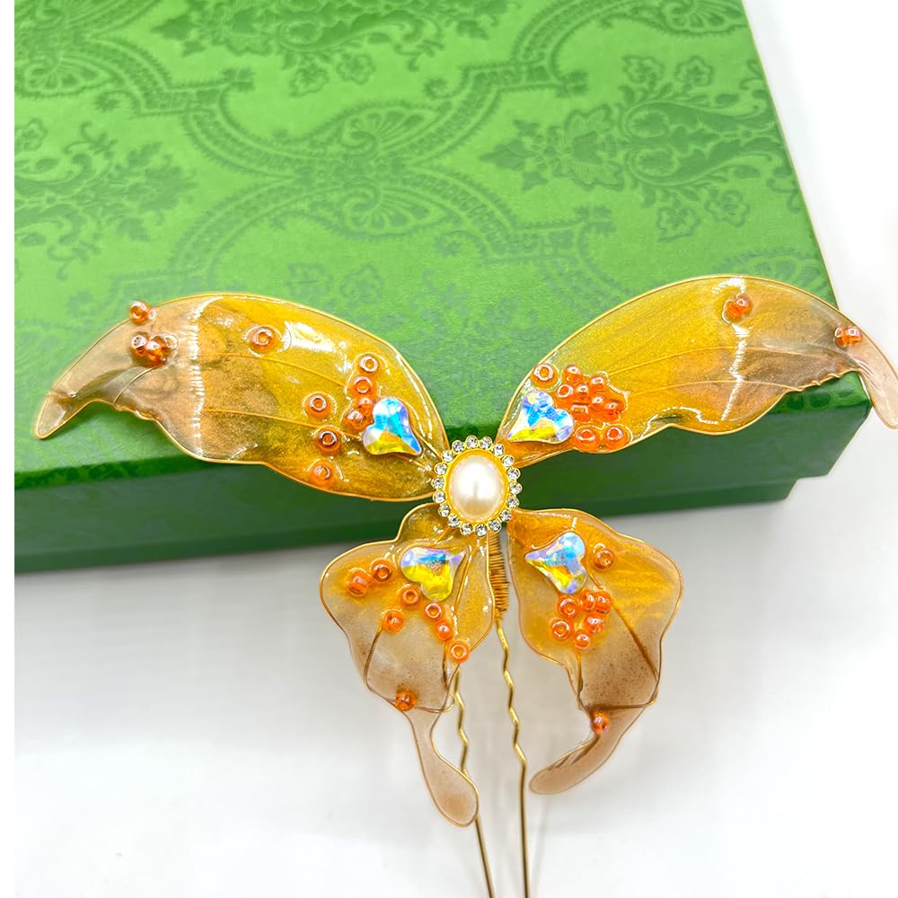 Rabithenn Orange Butterfly Pearl Resin Hairpin – Hanfu Hair Accessory for Women