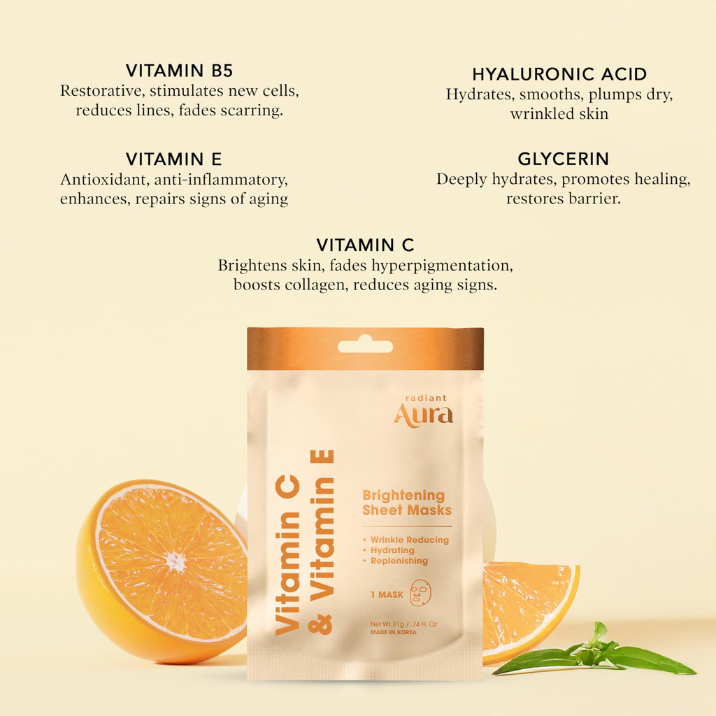 Radiant Aura Vitamin C & E Sheet Mask – Deep Hydration, Anti-Aging, Korean Skincare, 15 Count | Vegan