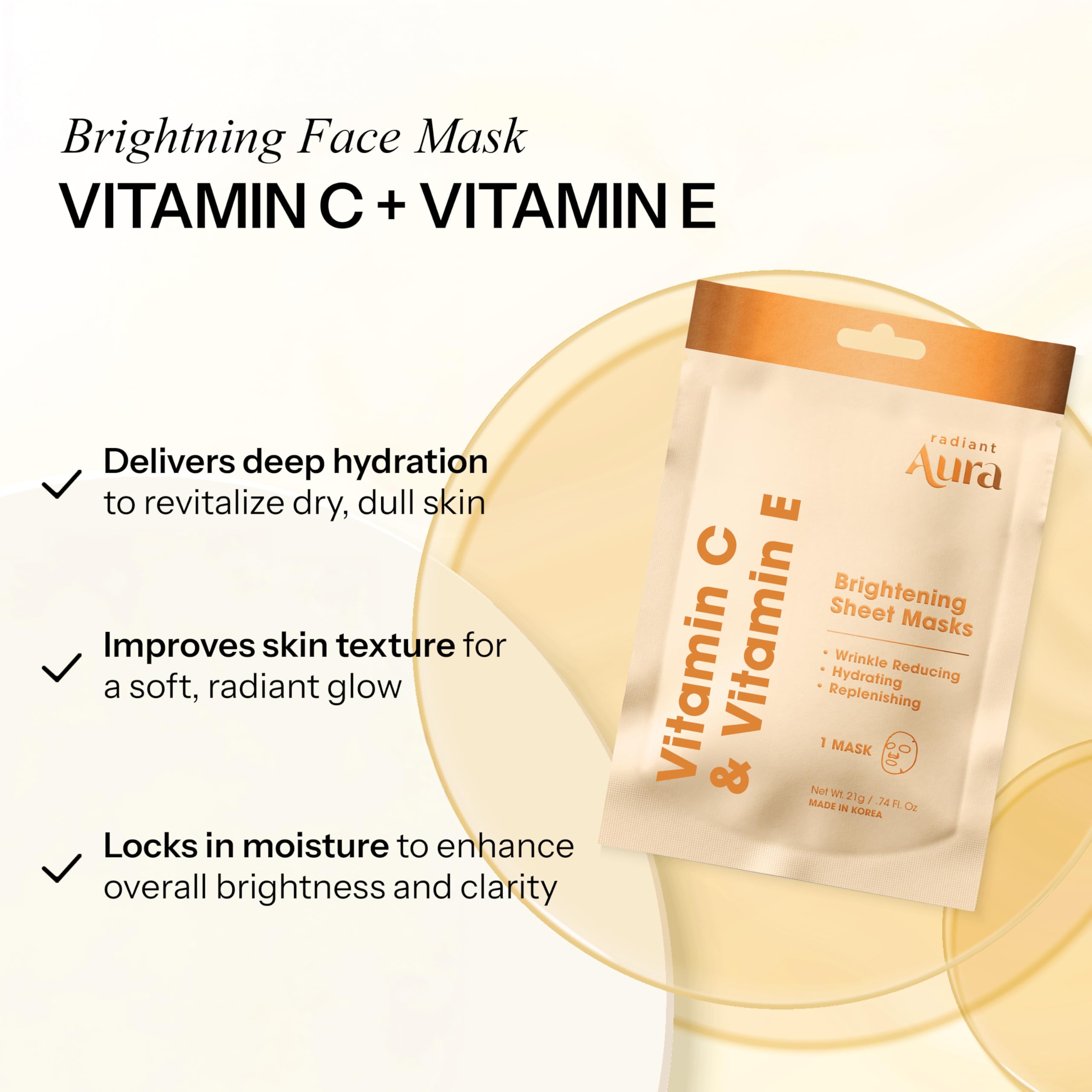 Radiant Aura Vitamin C & E Sheet Mask – Deep Hydration, Anti-Aging, Korean Skincare, 15 Count | Vegan
