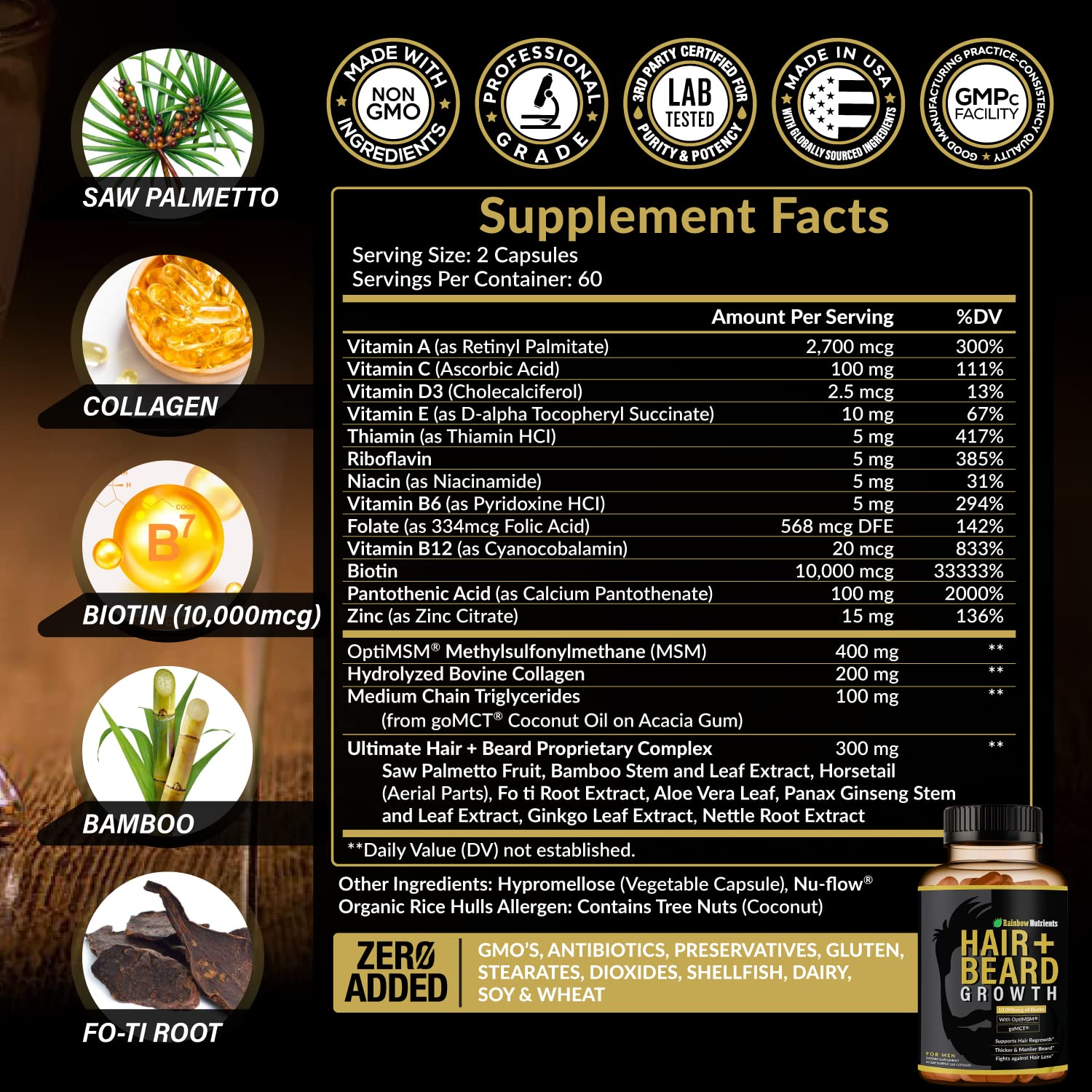 Rainbow Nutrients Hair + Beard Growth Vitamins for Men – Biotin 10,000 mcg, Collagen, Patented OptiMSM®, goMCT®, Saw Palmetto | 60 Day Supply