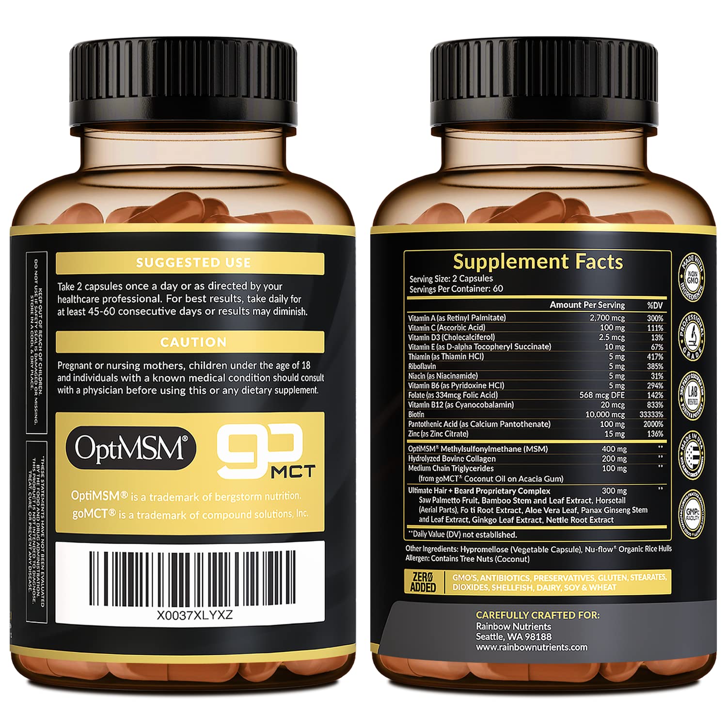 Rainbow Nutrients Hair + Beard Growth Vitamins for Men – Biotin 10,000 mcg, Collagen, Patented OptiMSM®, goMCT®, Saw Palmetto | 60 Day Supply