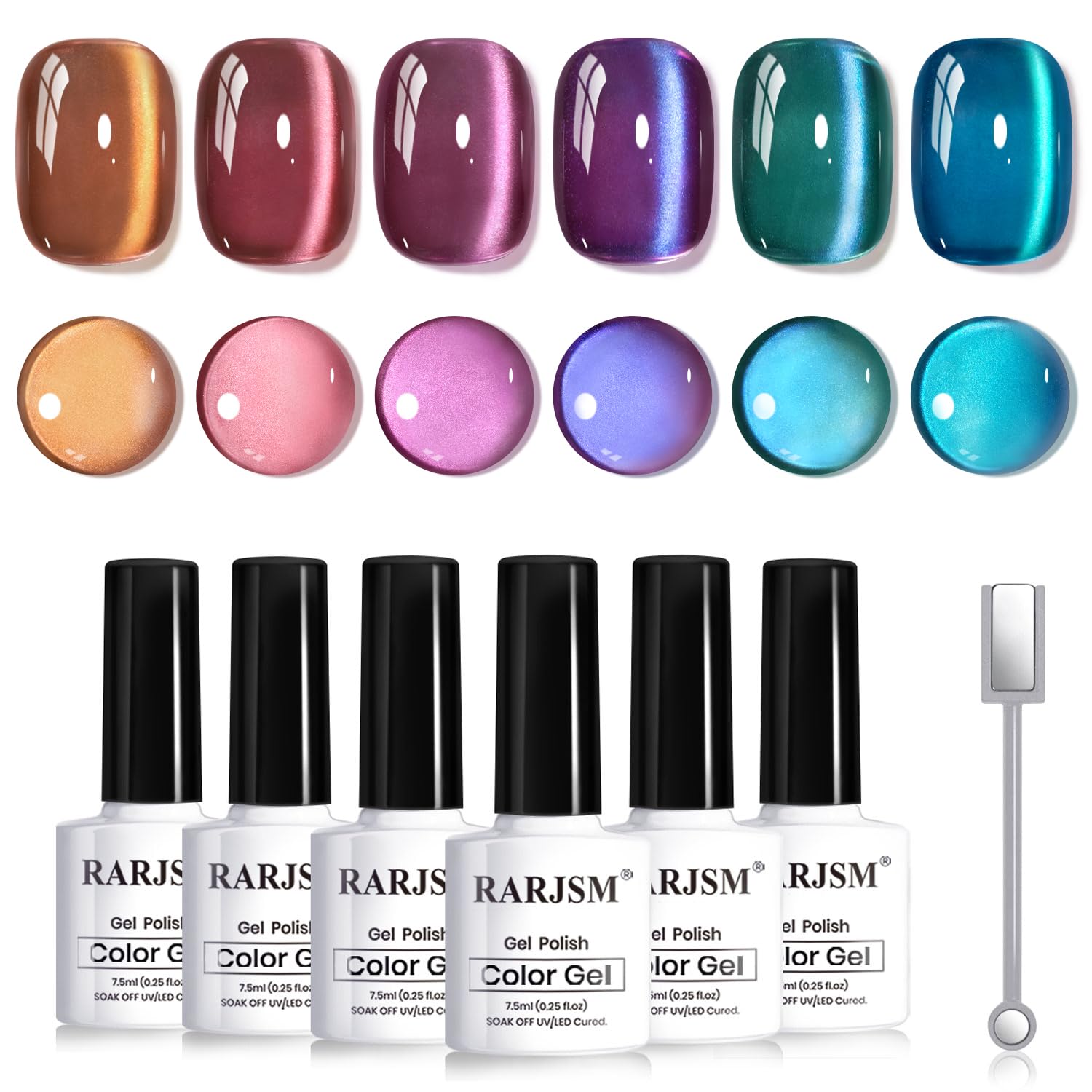 RARJSM Aurora Ceramics Glitter Cat Eye Gel Nail Polish Set — 6 Colors, Magnetic Stick, 7.5ml, UV/LED Home Salon