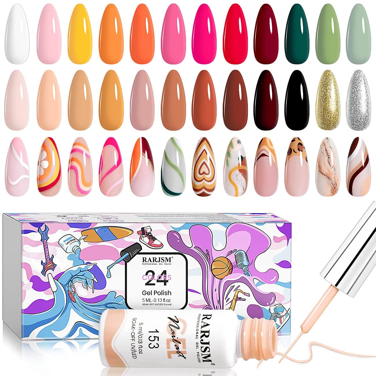 RARJSM Gel Liner Nail Art Set – 24 Colors, 5ml Bottles, Thin Brush, UV Soak Off