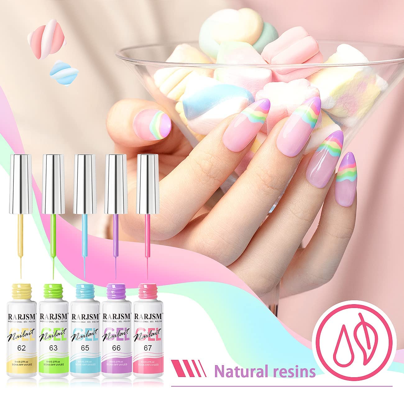 RARJSM Gel Liner Nail Art Set – Cotton Candy Collection (8ml) 5 Colors