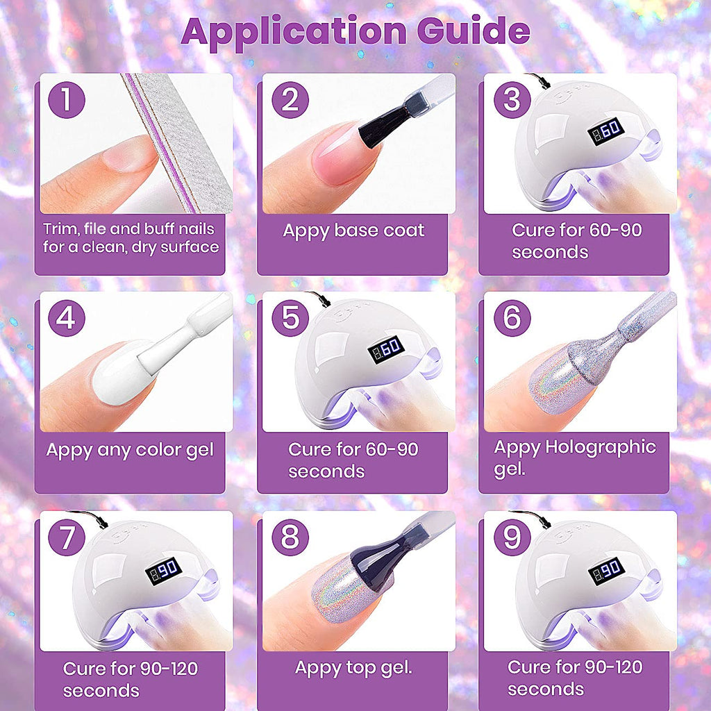 RARJSM Holographic Nail Polish Set — 6 Color Gel Kit (7.5ml each): Silver, Gold, Violet, Purple, Olive Green, Rose Gold