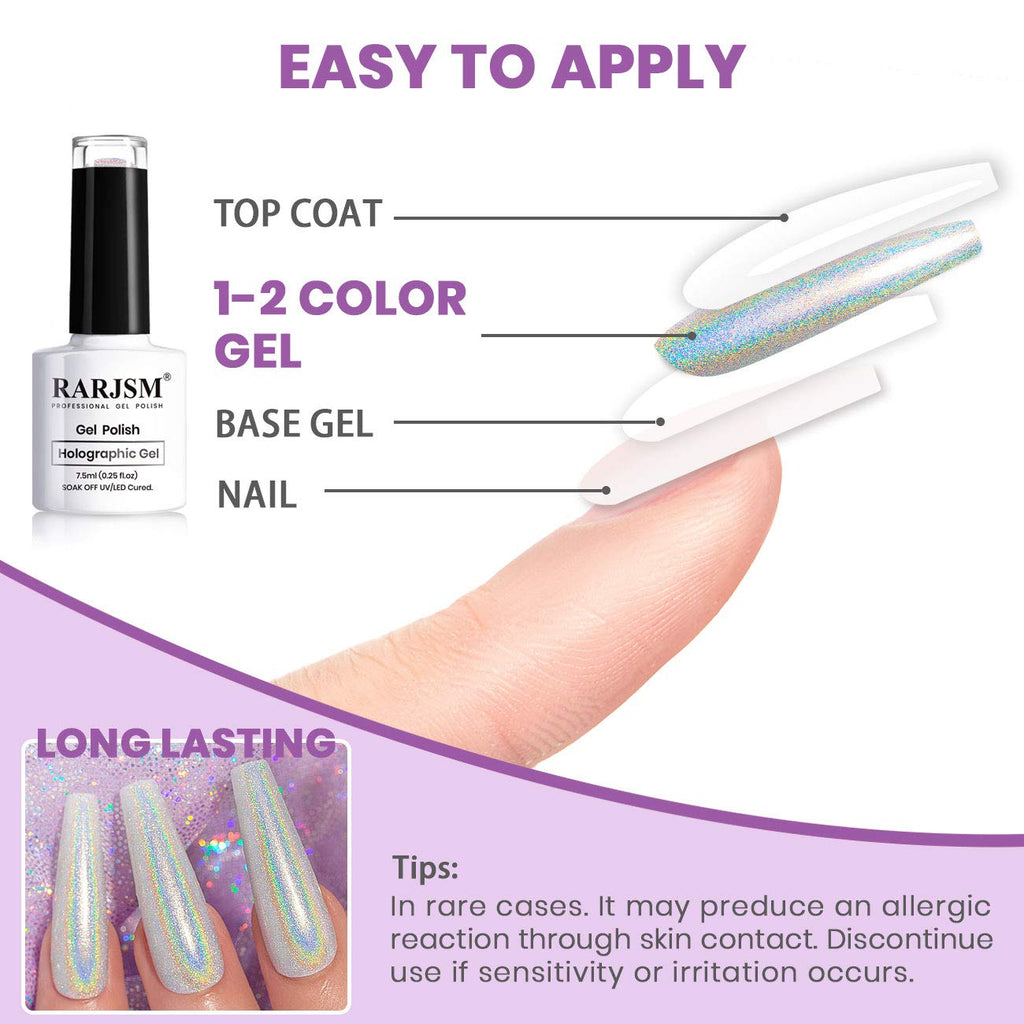RARJSM Holographic Nail Polish Set — 6 Color Gel Kit (7.5ml each): Silver, Gold, Violet, Purple, Olive Green, Rose Gold