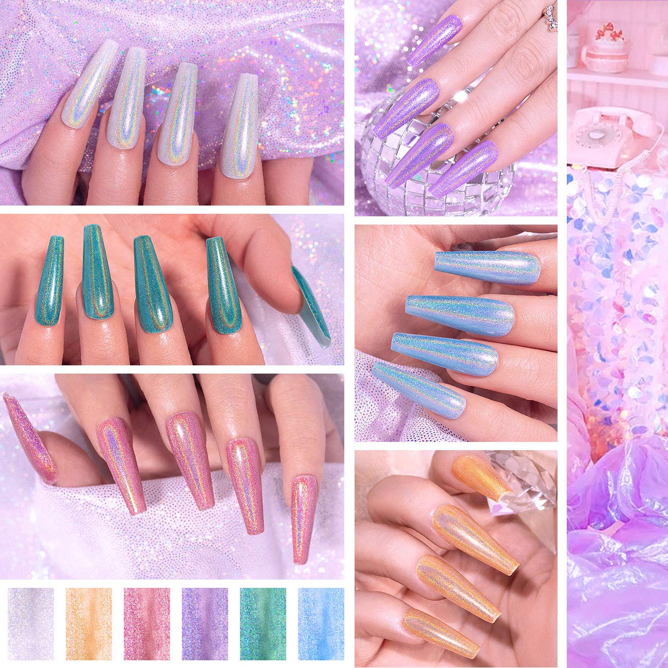 RARJSM Holographic Nail Polish Set — 6 Color Gel Kit (7.5ml each): Silver, Gold, Violet, Purple, Olive Green, Rose Gold