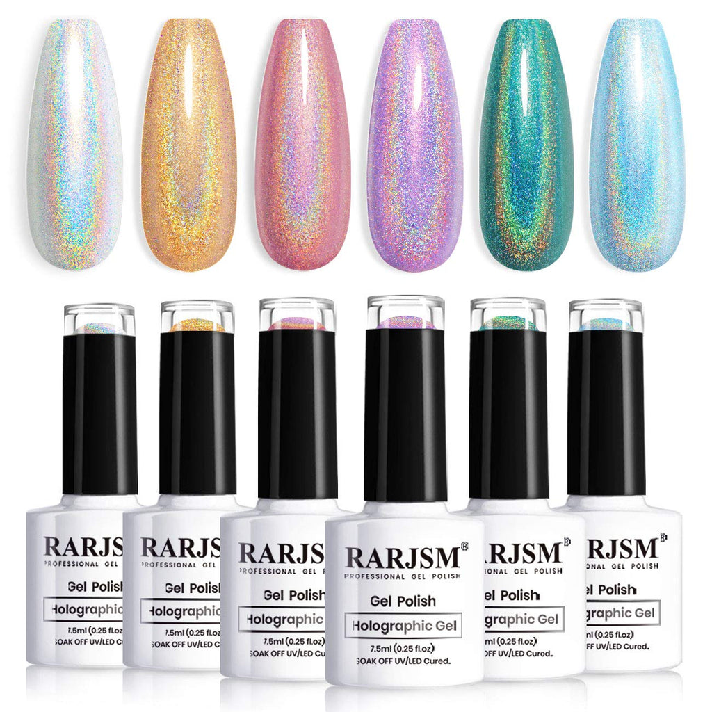 RARJSM Holographic Nail Polish Set — 6 Color Gel Kit (7.5ml each): Silver, Gold, Violet, Purple, Olive Green, Rose Gold