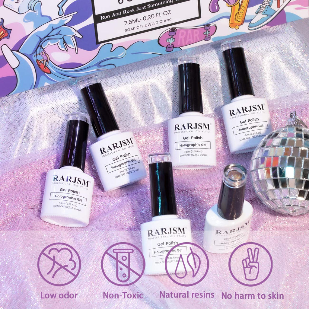 RARJSM Holographic Nail Polish Set — 6 Color Gel Kit (7.5ml each): Silver, Gold, Violet, Purple, Olive Green, Rose Gold