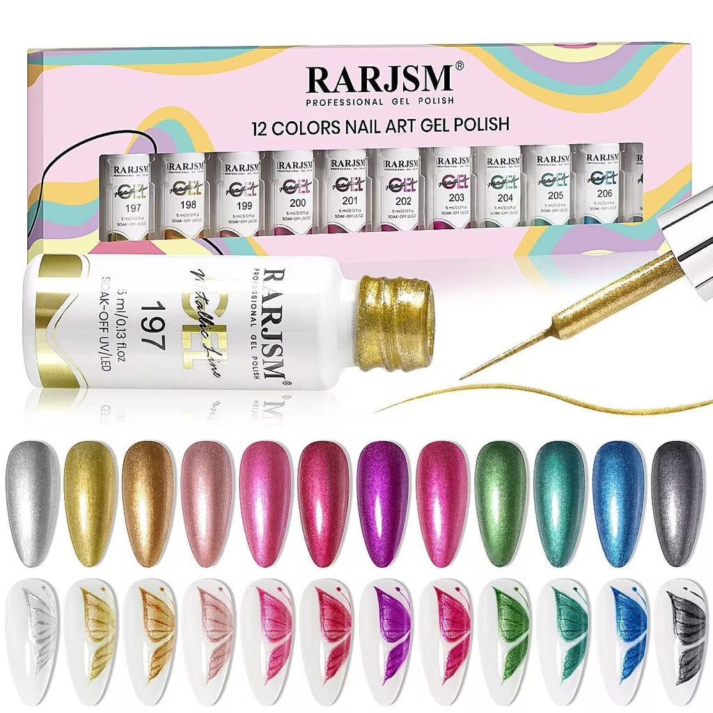 RARJSM Metallic Nail Art Gel Liner Set – 12 Colors, 5ml, Soak Off, DIY Nail Design