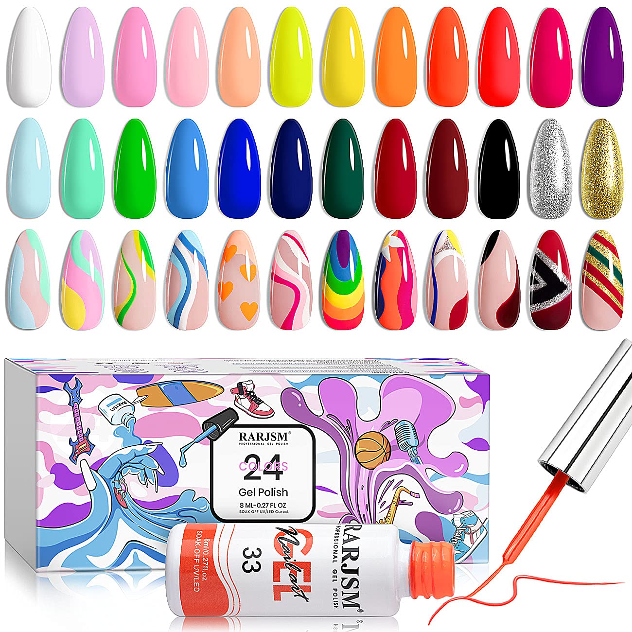 RARJSM Nail Art Gel Liner 24-Color Set – Built-In Brush, 8ml Each, Soak-Off UV/LED