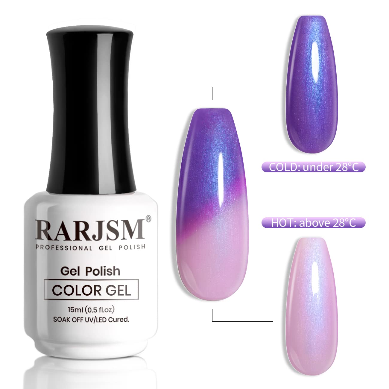 RARJSM Color Changing Gel Nail Polish 15ml — Blue Purple Temperature Shift with Pearl Shell Finish
