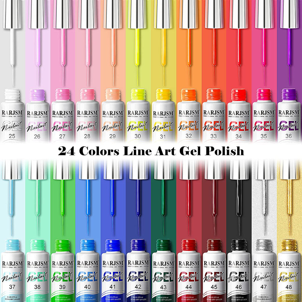 RARJSM Nail Art Gel Liner 24-Color Set – Built-In Brush, 8ml Each, Soak-Off UV/LED