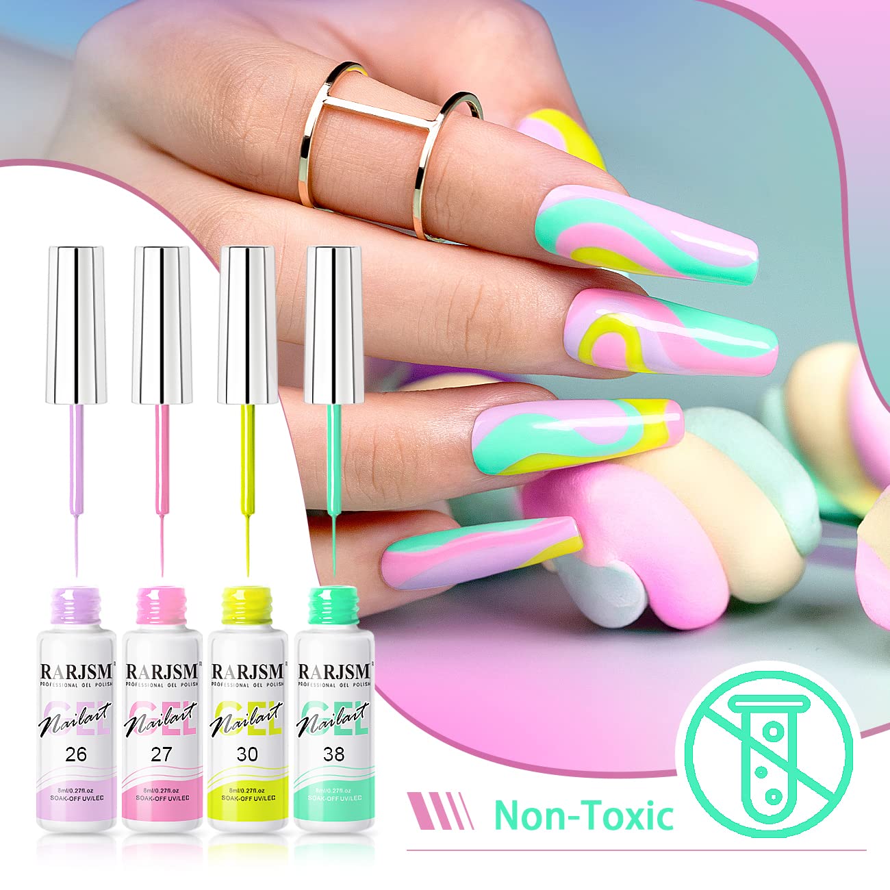 RARJSM Nail Art Gel Liner 24-Color Set – Built-In Brush, 8ml Each, Soak-Off UV/LED