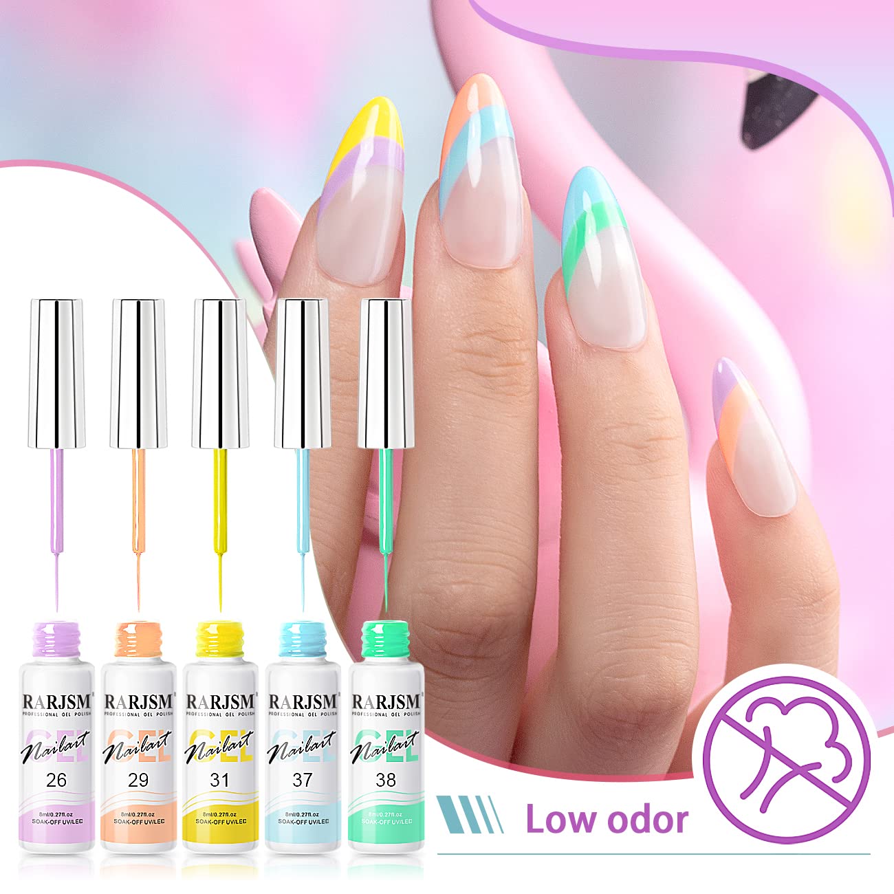 RARJSM Nail Art Gel Liner 24-Color Set – Built-In Brush, 8ml Each, Soak-Off UV/LED