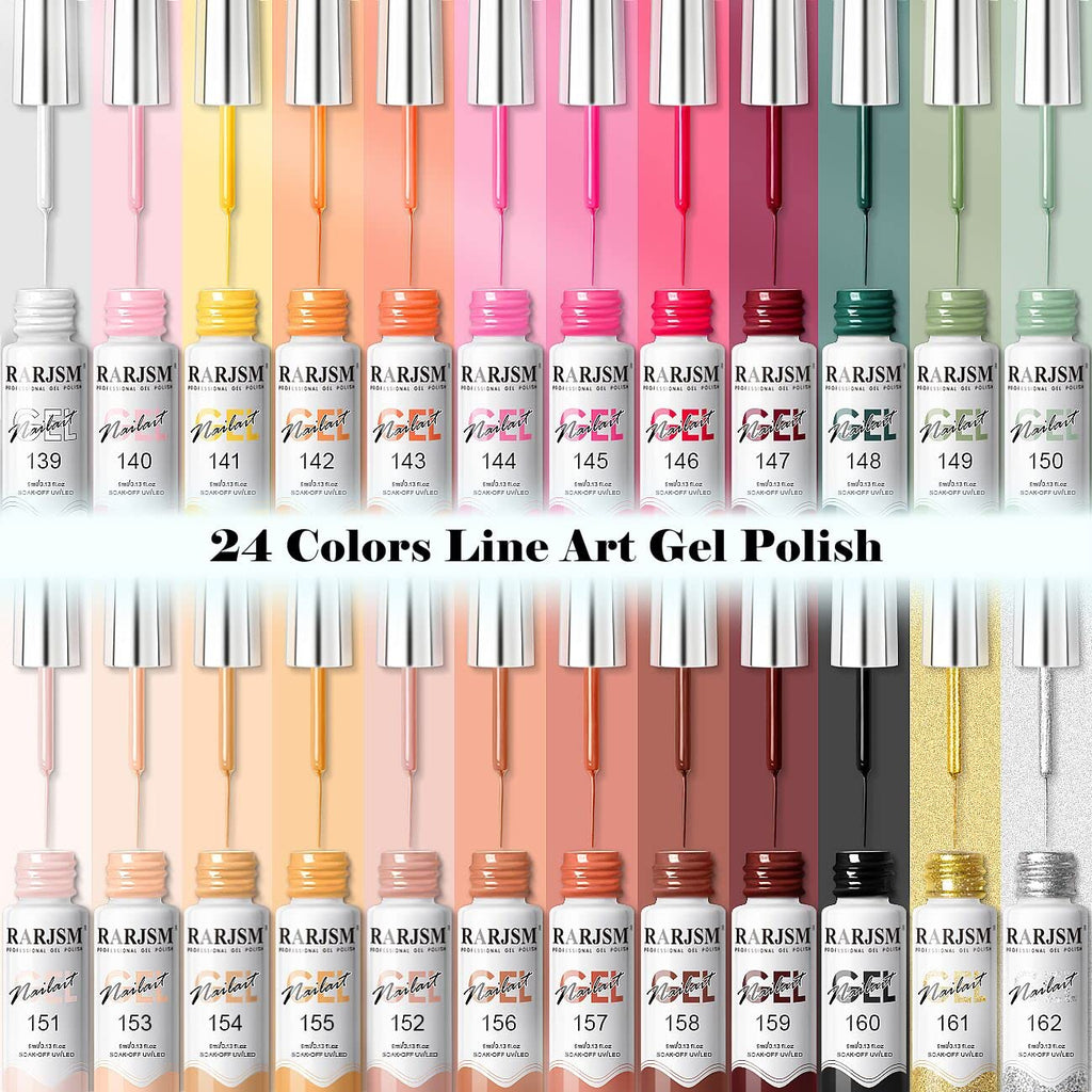 RARJSM Gel Liner Nail Art Set – 24 Colors, 5ml Bottles, Thin Brush, UV Soak Off