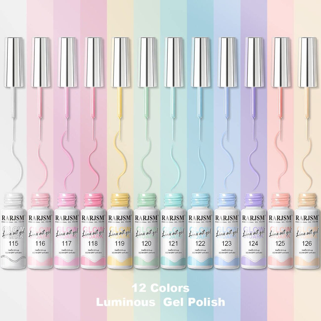 RARJSM Glow in the Dark Nail Art Gel Liner — 12 Pastel Neon Colors