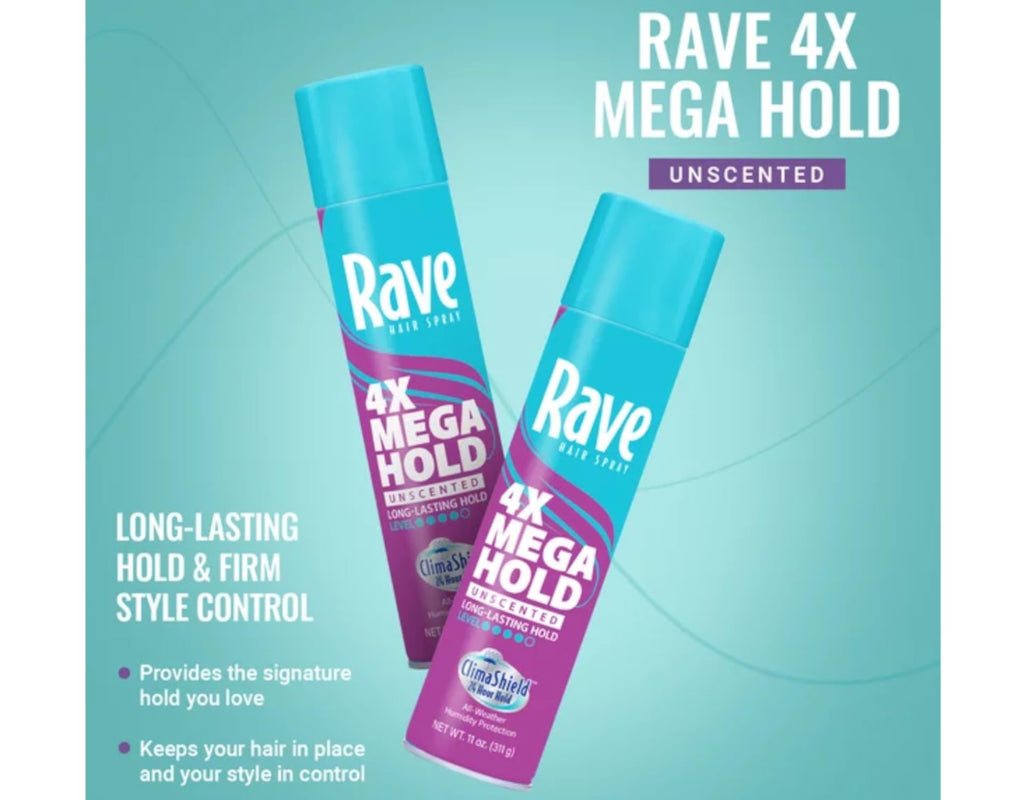 Rave Hairspray 4X Mega Unscented 11oz – Pack of 8