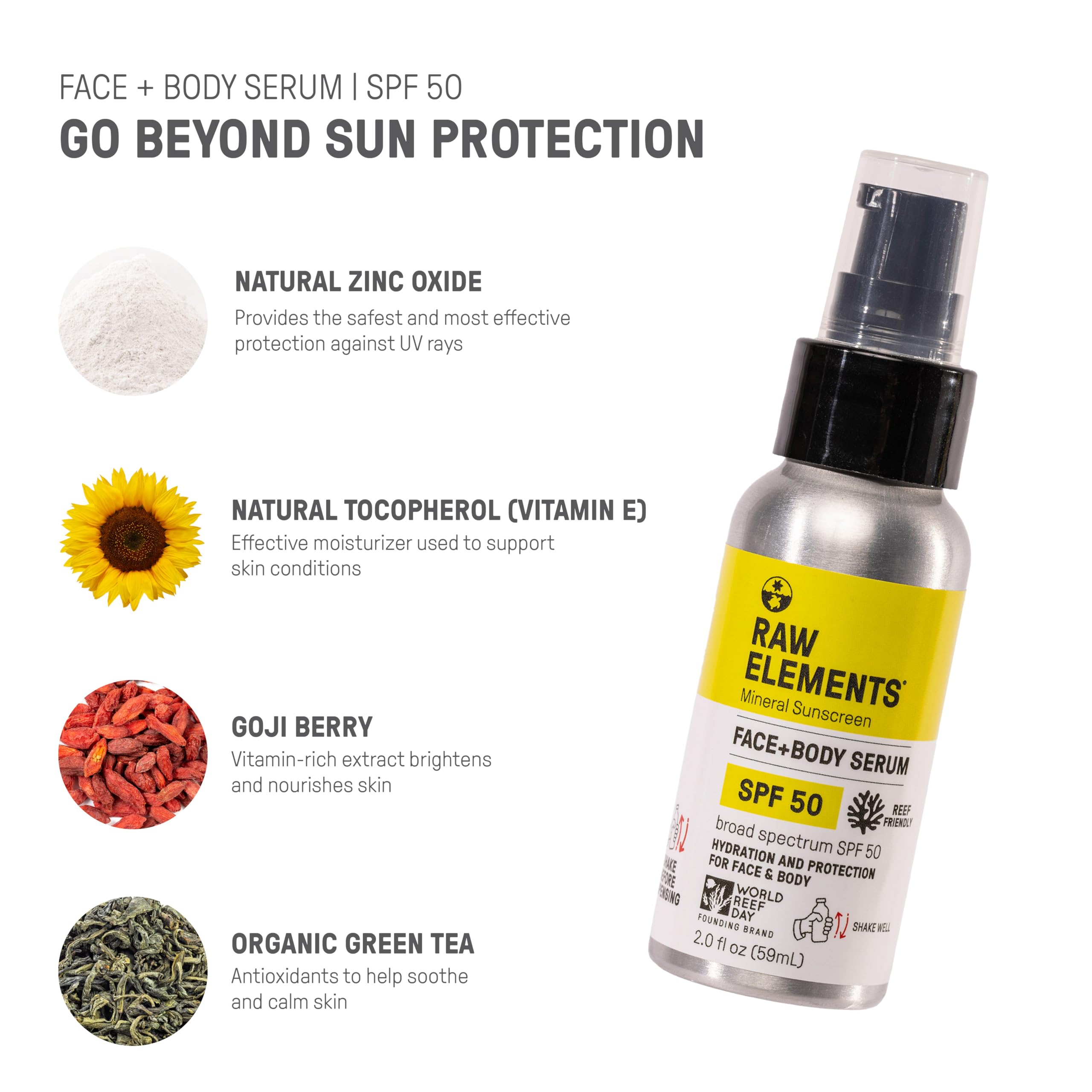 Raw Elements Face + Body Serum SPF 50 – All-Natural Mineral Sunscreen, Reef Safe, 2oz