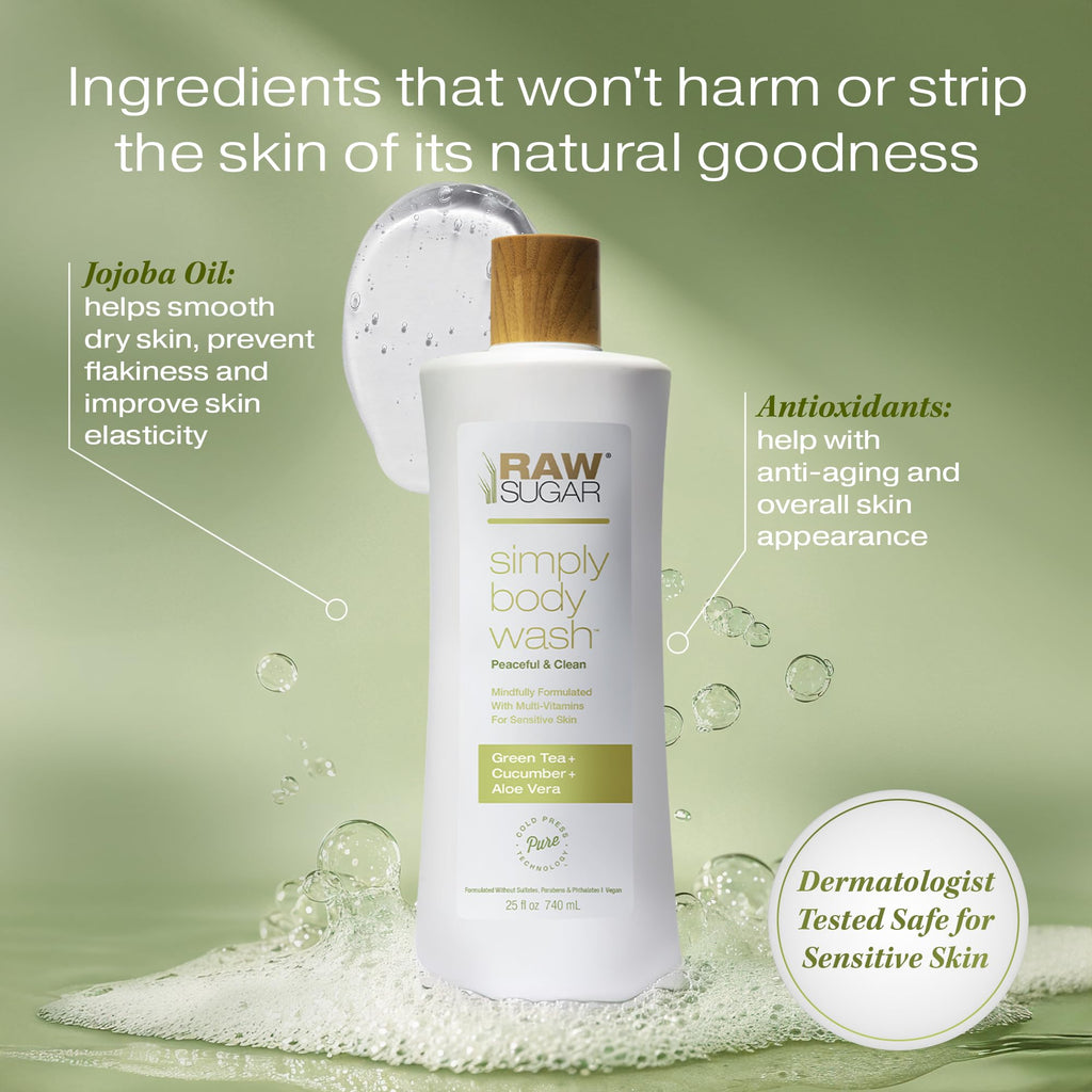 RAW SUGAR Green Tea Aloe Soother Body Wash – Gentle, Hydrating 3‑Pack | Vegan, SLS/SLES & Paraben Free