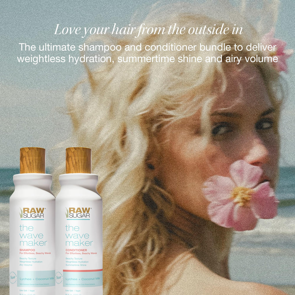 RAW SUGAR Wave Maker Shampoo & Conditioner Set – Beachy Texture, Volume & Shine (18 oz each)