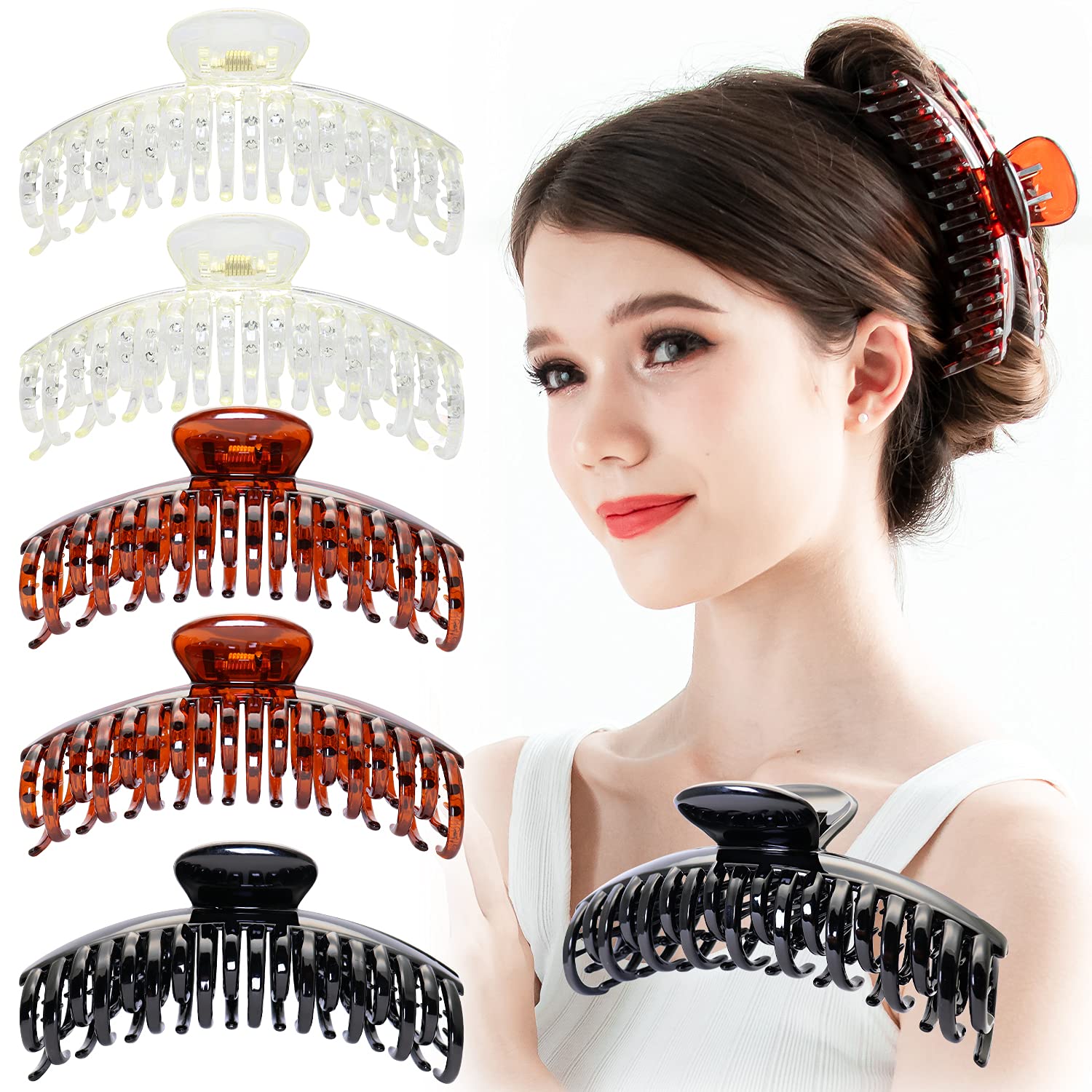 RC ROCHE 6-Pack Double Claw Hair Clips – Strong Hold for Fine Hair (Clear, Brown & Black)