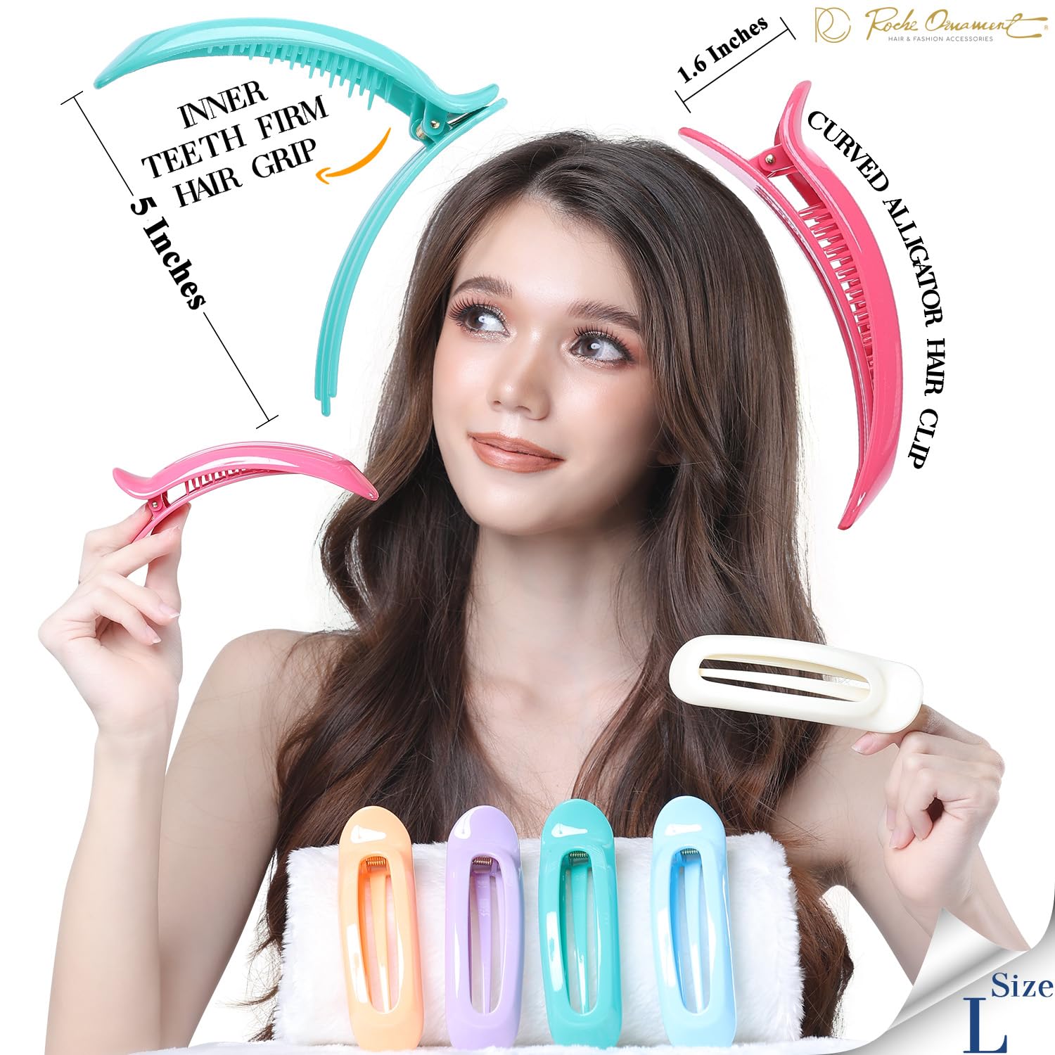 RC ROCHE ORNAMENT 6 Pcs Flat Claw Hair Clips – Non-Slip Alligator Clips, Large Pastel Set