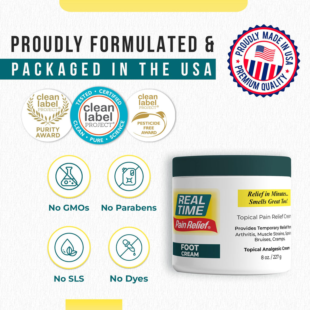 Real Time Pain Relief Foot Cream 8oz – 15 Natural Ingredients with Menthol 1.5%, Tea Tree & Emu Oil