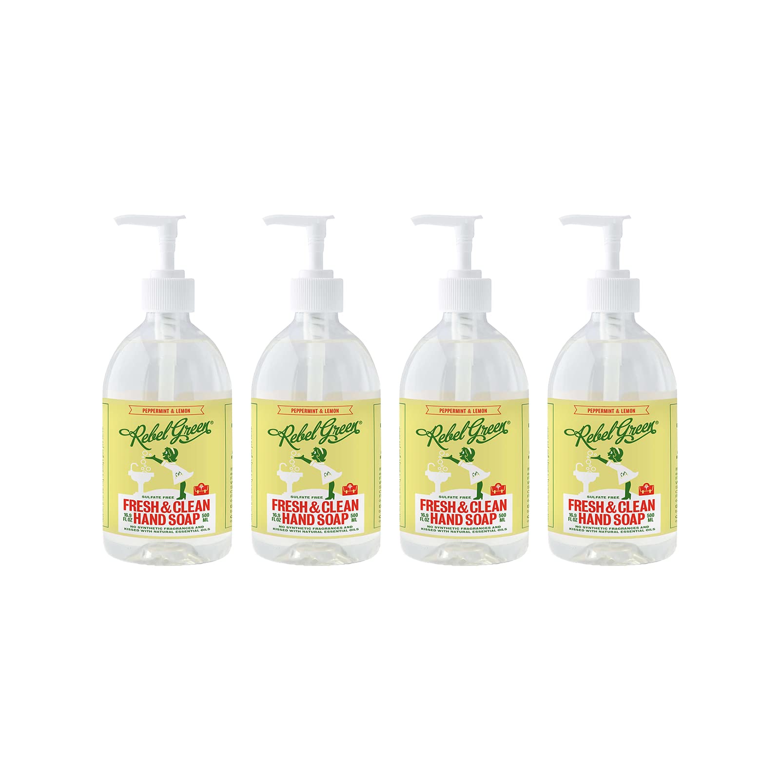 Rebel Green Liquid Hand Soap – Moisturizing Natural Hand Wash (Peppermint & Lemon) – Pack of 4, 16.9 fl oz