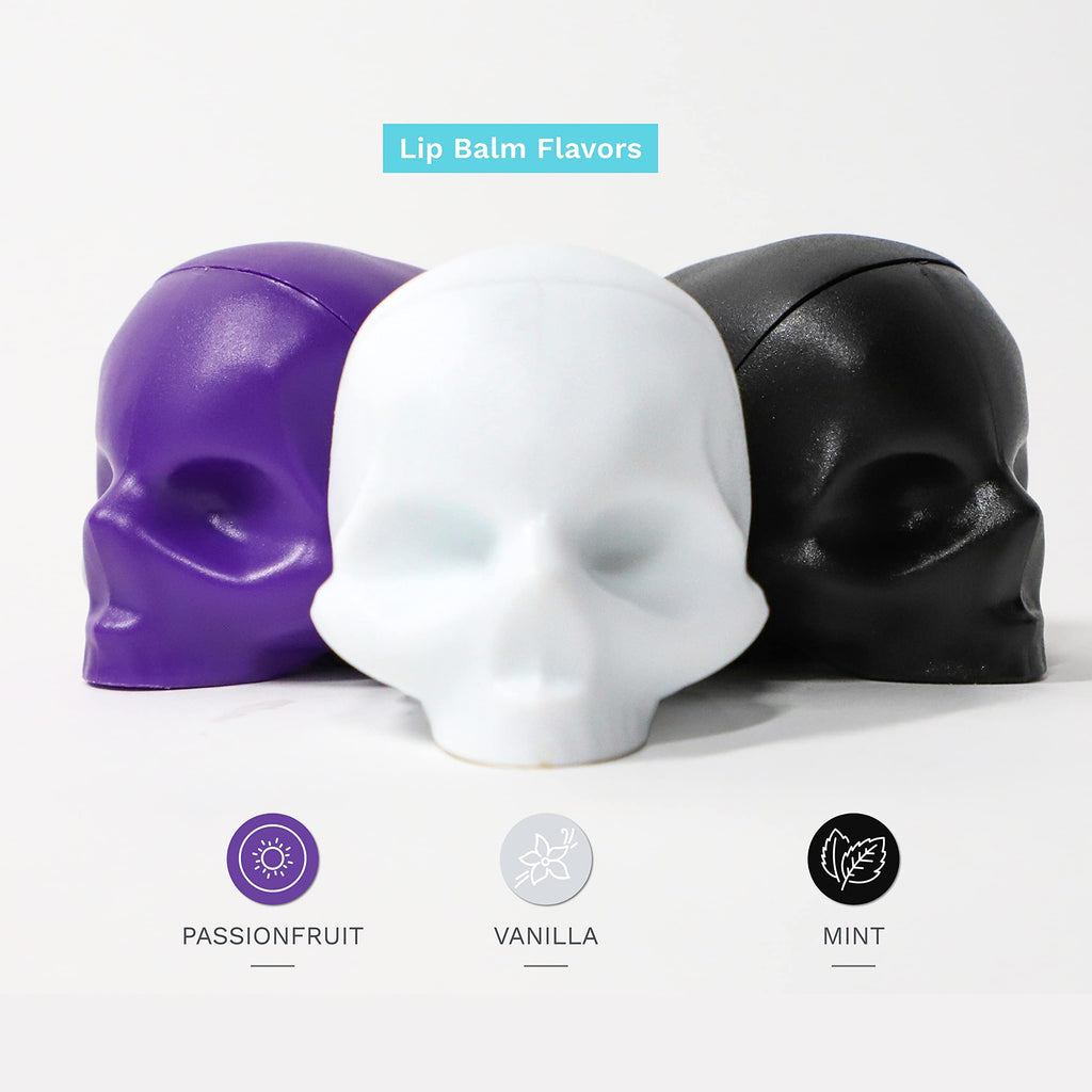 REBELS REFINERY 3-Piece Neapolitan Skull Lip Balm Bundle – Passion Fruit, Black Mint, White Vanilla