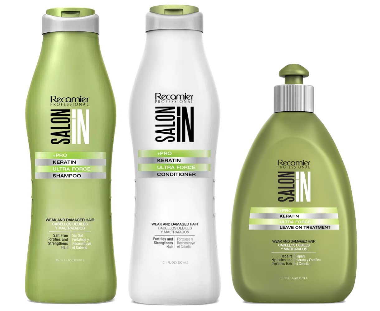 Recamier Professional Salon In +Pro Keratin Ultra Force 3-Piece Hair Care Bundle – Shampoo, Conditioner & Treatment