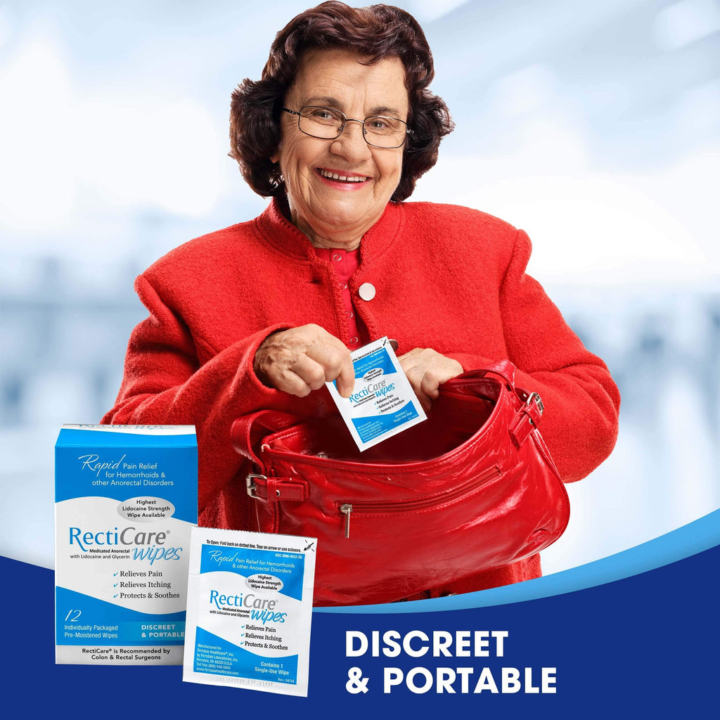 RectiCare Medicated Anorectal Wipes – Maximum Strength 5% Lidocaine – 12 Pack
