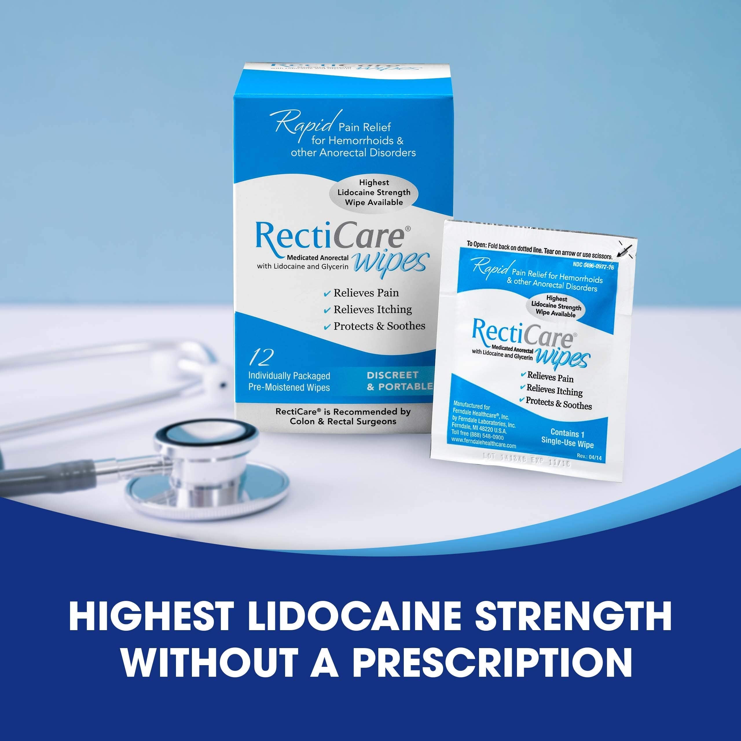 RectiCare Medicated Anorectal Wipes – Maximum Strength 5% Lidocaine – 12 Pack
