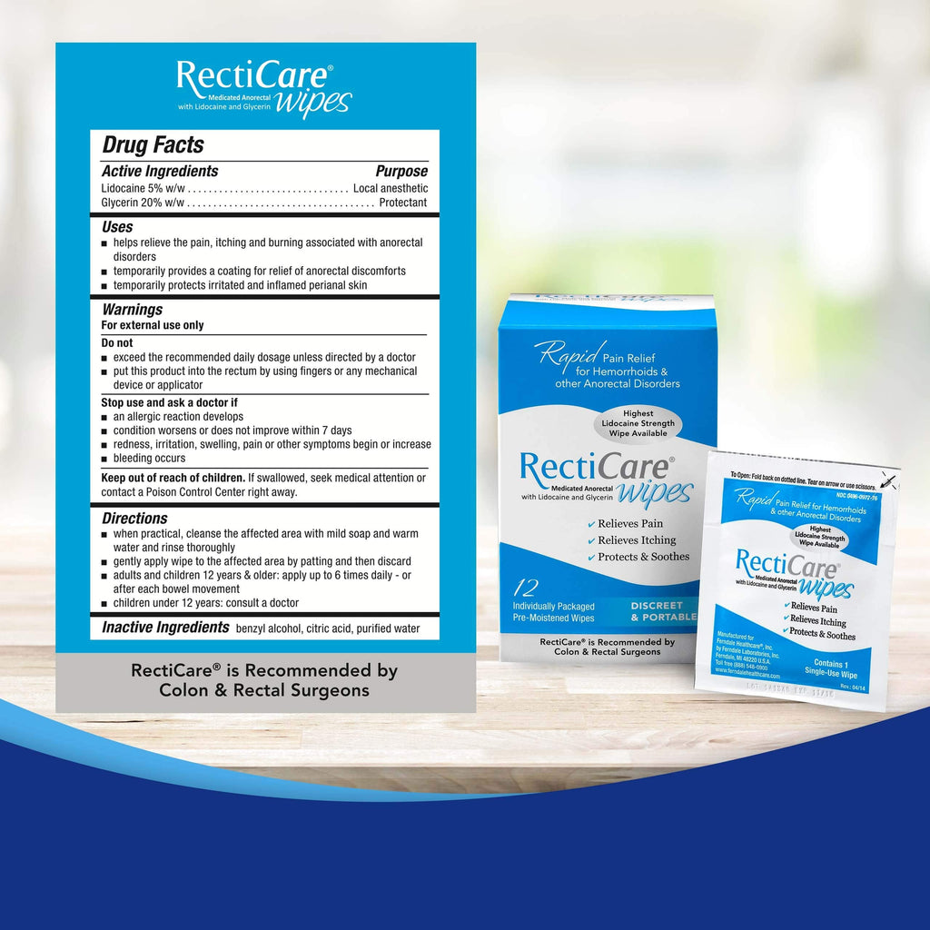 RectiCare Medicated Anorectal Wipes – Maximum Strength 5% Lidocaine – 12 Pack