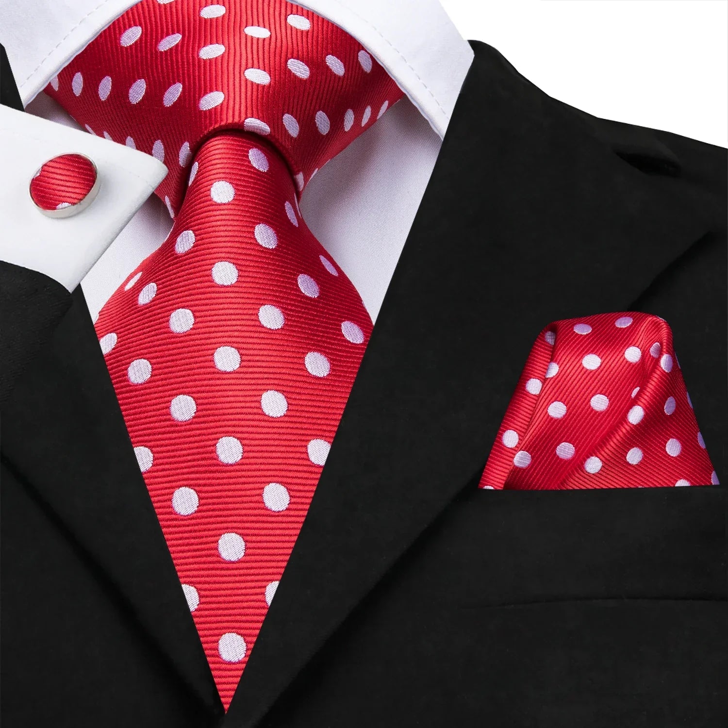 Red and White Polka Dot Silk Tie - With Matching Cufflinks & Pocket Square