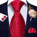 Red Floral Silk Tie - With Matching Cufflinks & Pocket Square