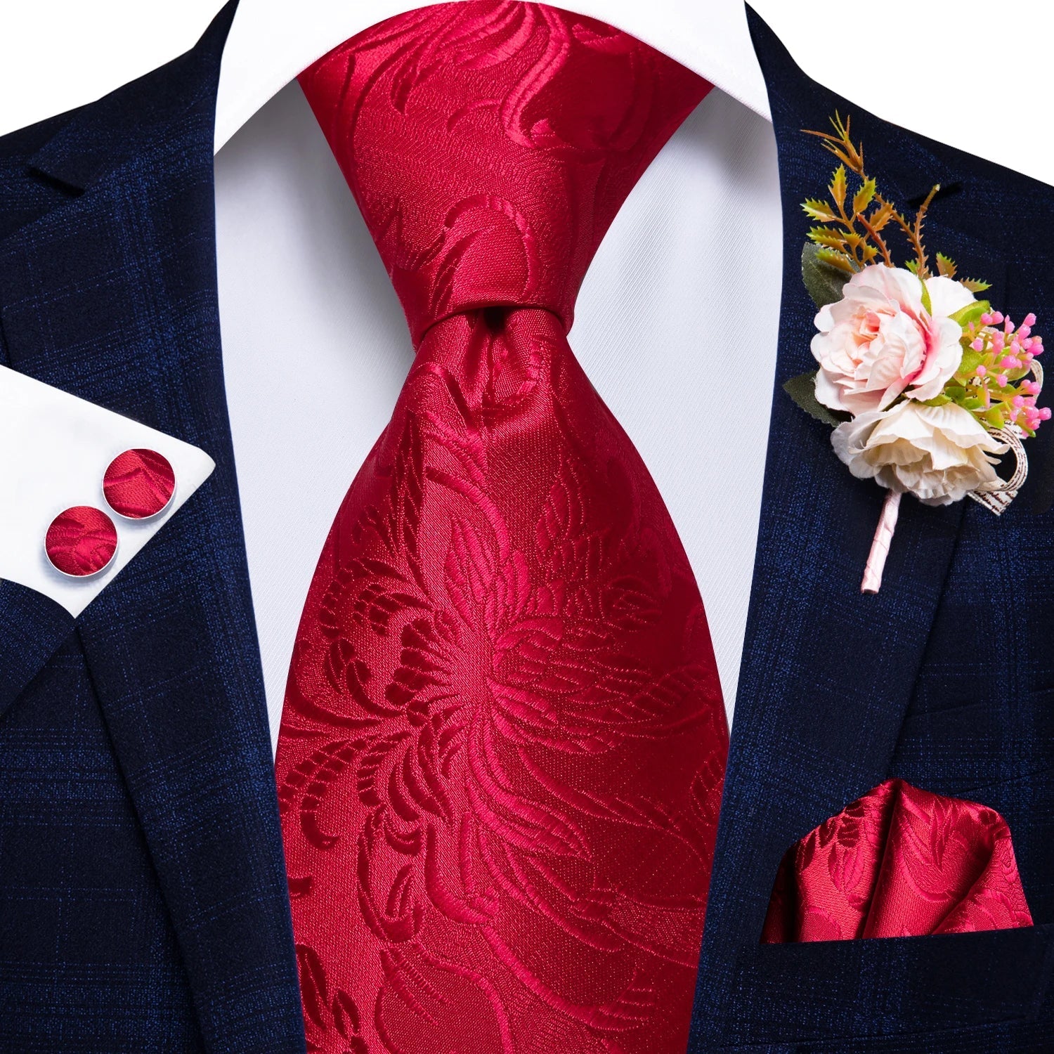 Red Floral Silk Tie - With Matching Cufflinks & Pocket Square