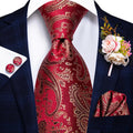 Red Paisley Silk Tie - With Matching Cufflinks & Pocket Square